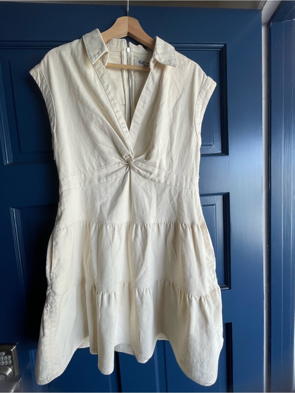 Velvet Heart Cream Knot-Front Tiered Mini Dress
